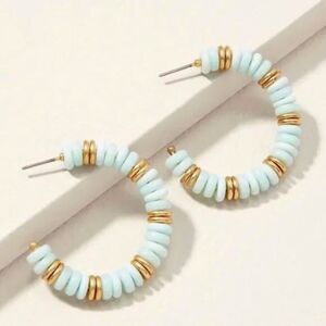 Stella & Dot Pale Turquoise Gold Beaded Hoop Earrings – Boho Chic 1.4”
